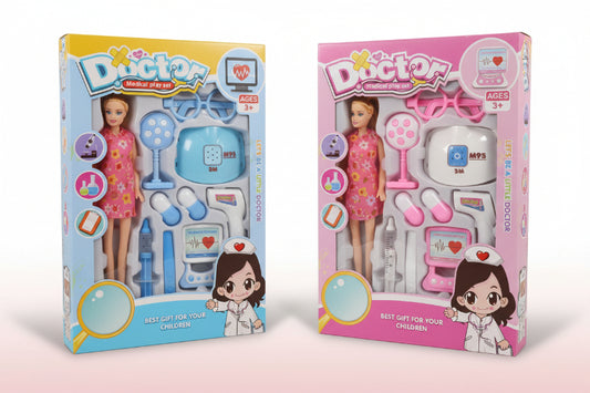 Two toy packaging boxes for a 'Doctor' play set on a wooden surface.