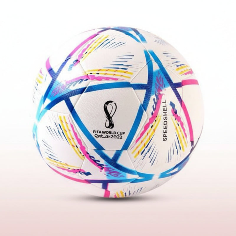 Colorful soccer ball with FIFA World Cup Qatar 2022 logo on a white background