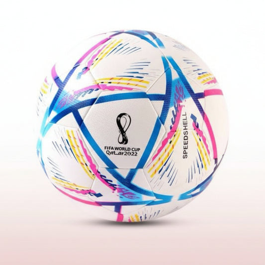 Colorful soccer ball with FIFA World Cup Qatar 2022 logo on a white background