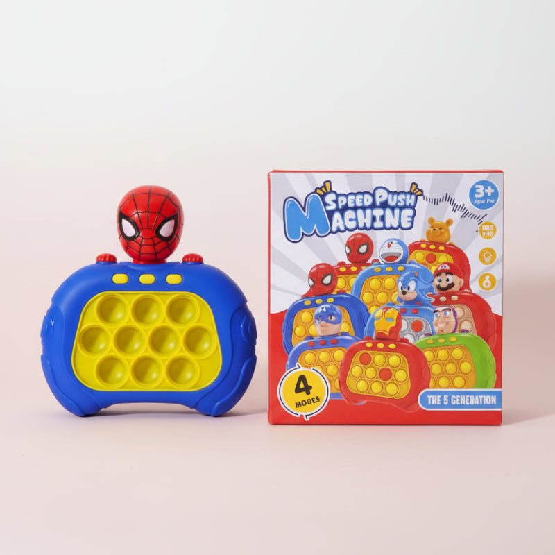 Toy 'Speed Push Machine' with Spider-Man figure on a wooden surface