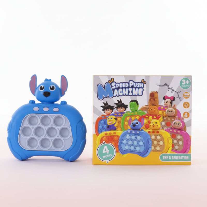 Blue toy with pop-it feature and its packaging on a wooden surface.