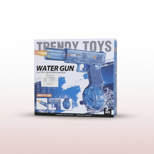 Box of a water gun labeled 'Trendy Toys' on a wooden surface with a white background