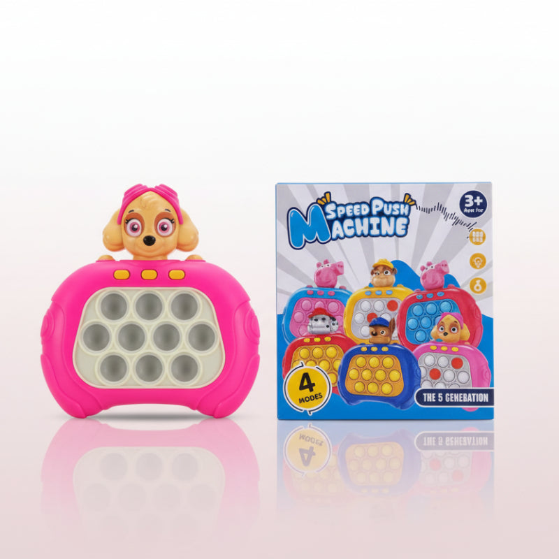 Pink toy with pop-it bubbles next to its packaging on a wooden surface.