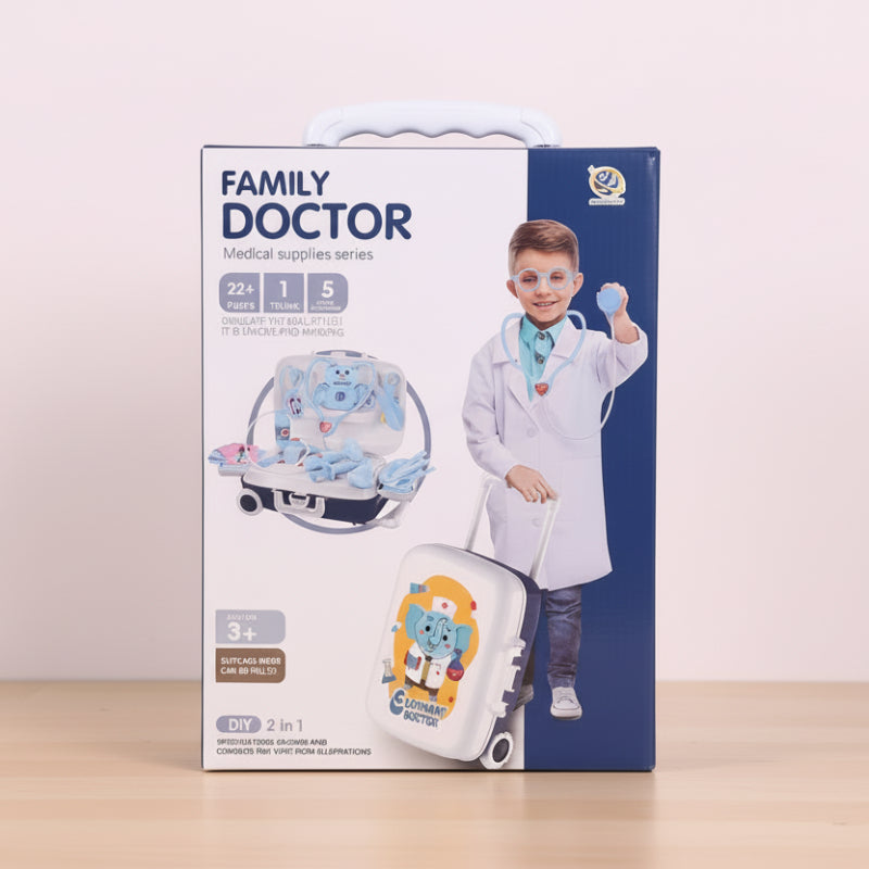Box for a 'Family Doctor' medical supplies set with a child in a lab coat on the packaging.