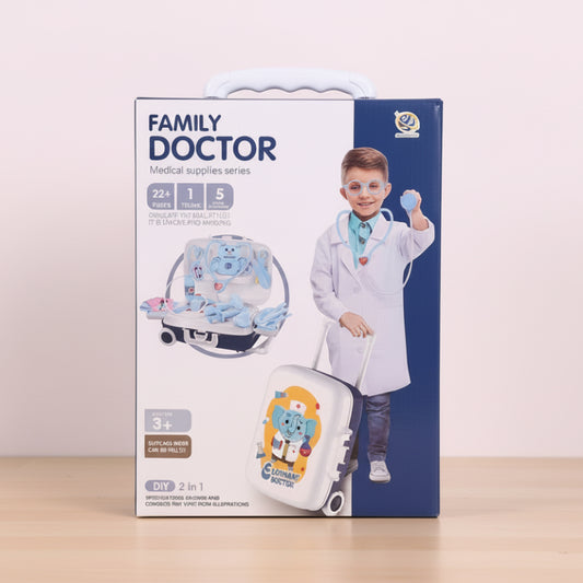 Box for a 'Family Doctor' medical supplies set with a child in a lab coat on the packaging.
