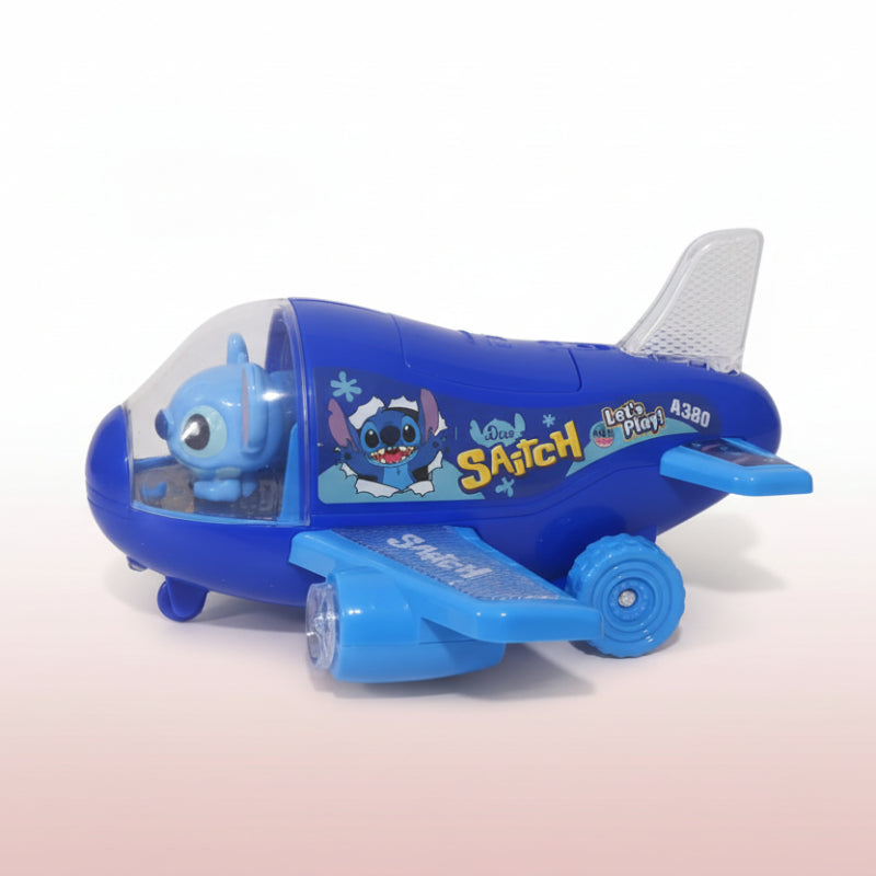 Blue toy airplane with a character on a wooden surface