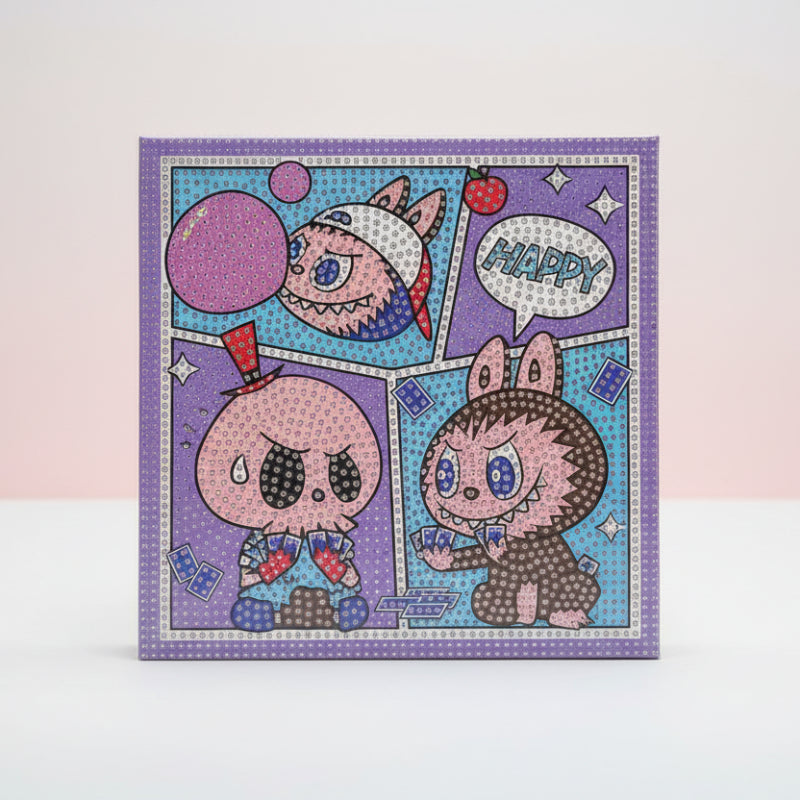 Cartoon character with a balloon on a purple and blue background