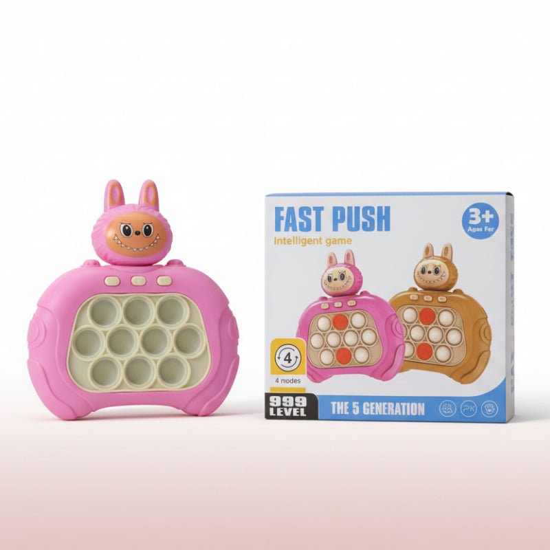 Pink toy with rabbit design next to its packaging on a wooden surface.