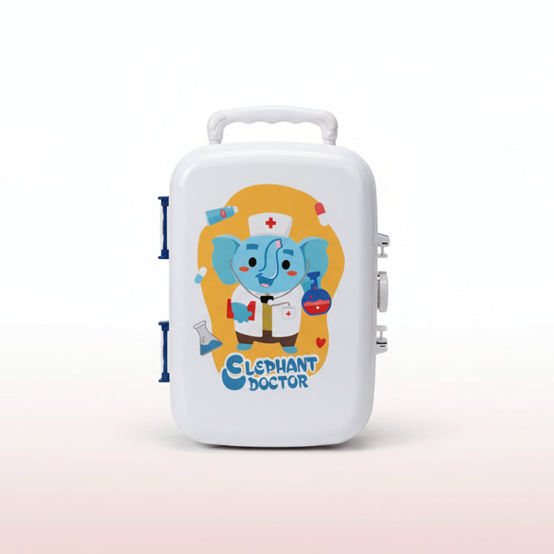 White container with a cartoon elephant doctor design on a beige background