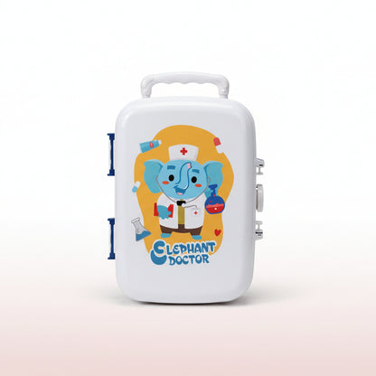 White container with a cartoon elephant doctor design on a beige background
