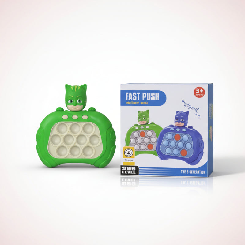 Green and white pop-it toy with packaging on a wooden surface