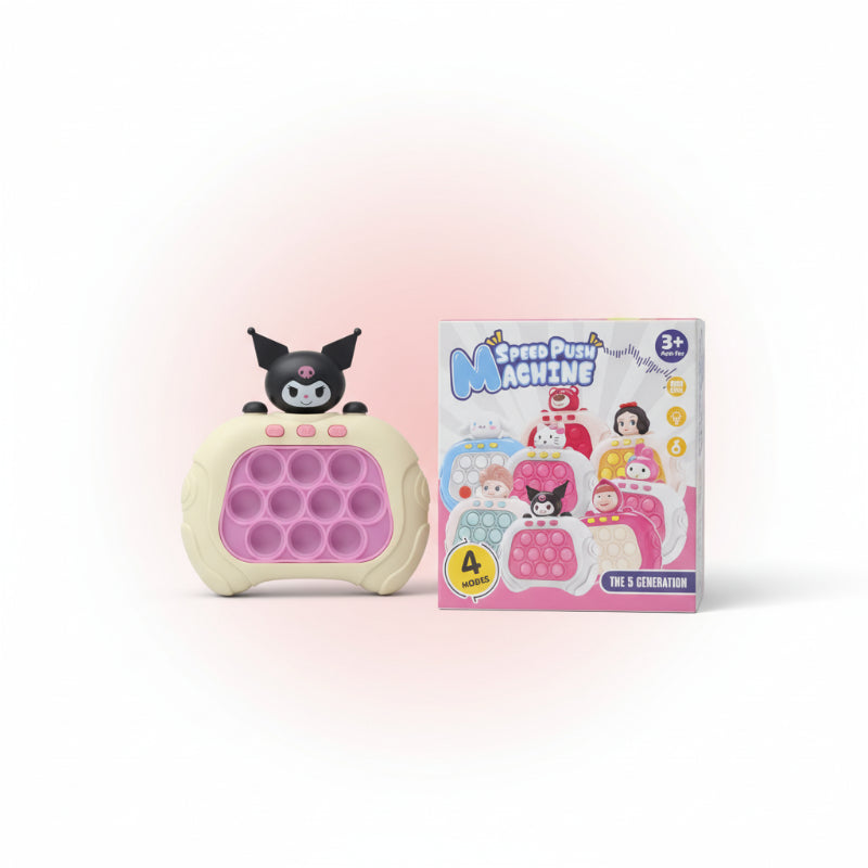 Pink and beige toy with pop-it bubbles next to its packaging on a wooden surface.