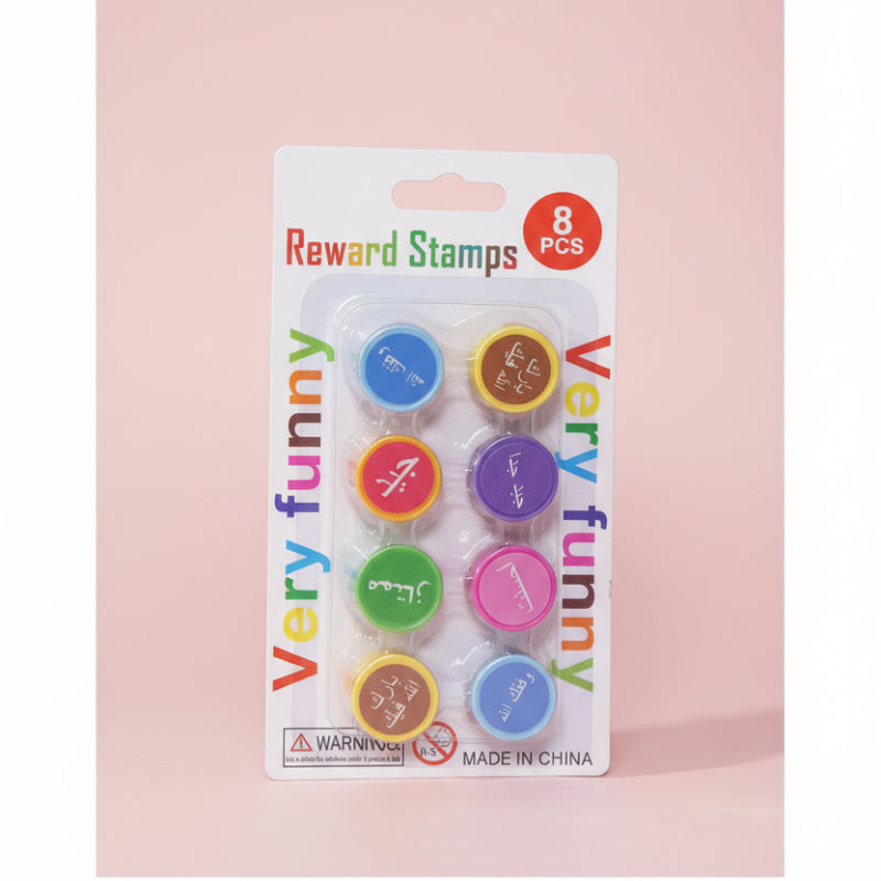 Pack of 8 colorful reward stamps with 'Very Funny' branding on a white background.