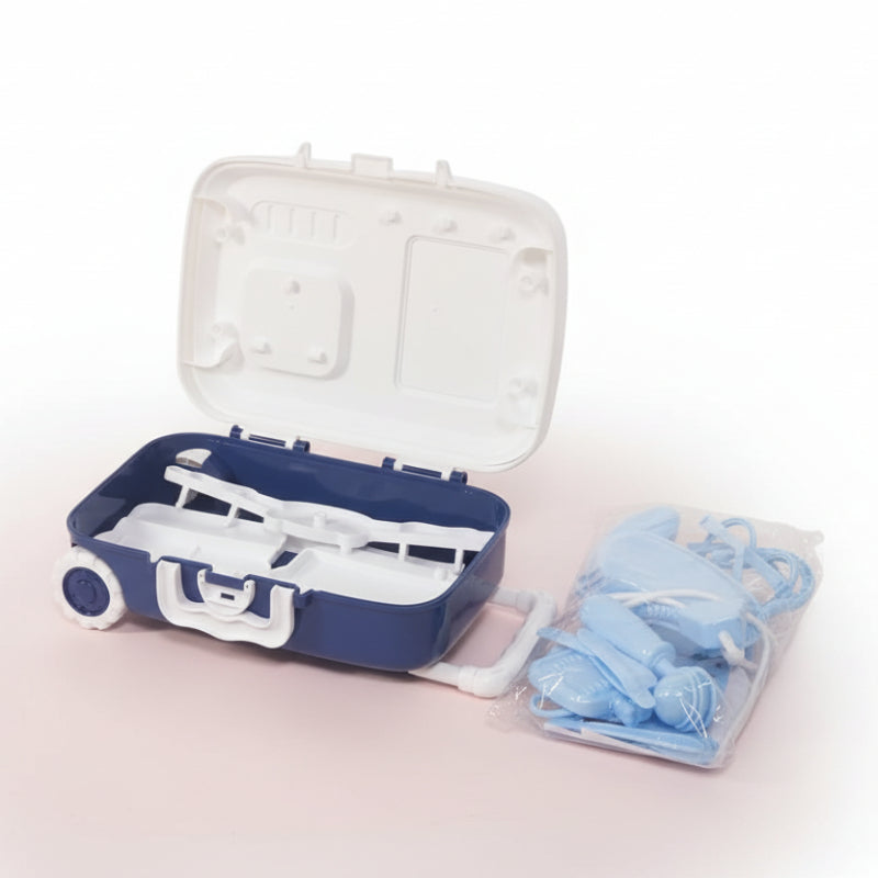 Blue and white case with dental tools and a clear package of additional blue tools on a wooden surface.