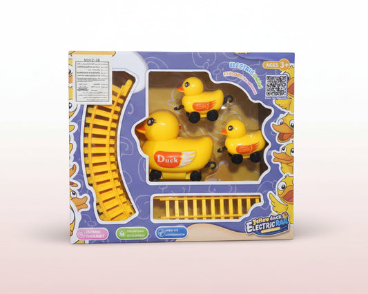 Toy packaging with yellow rubber duck toys and a train track on a wooden surface.