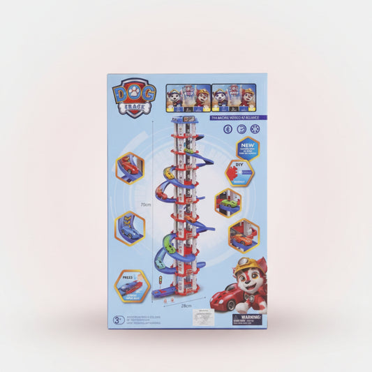 Paw Patrol toy track set packaging on a beige background