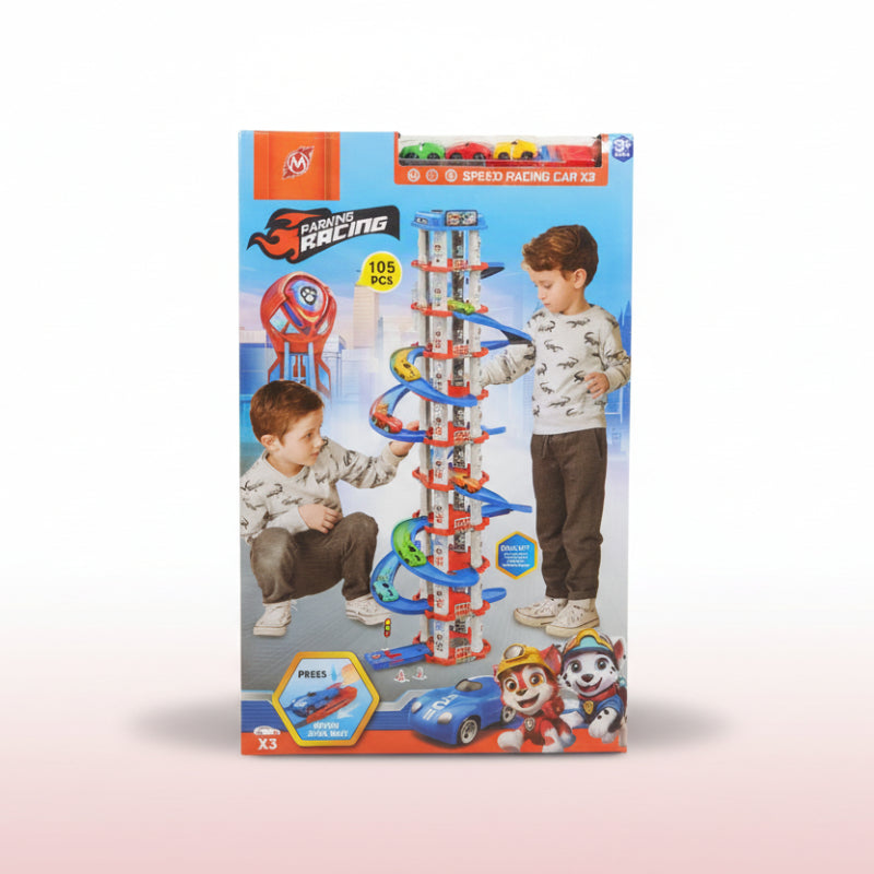 Toy packaging for a racing car set with children playing on it