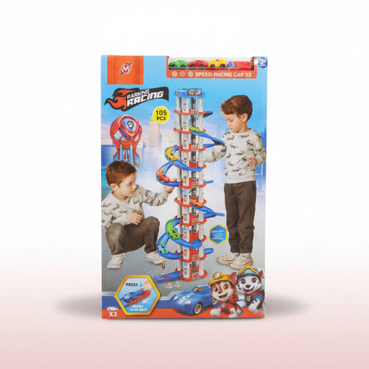 Toy packaging for a racing car set with children playing on it