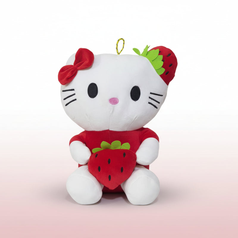 Plush toy resembling a character with a strawberry design on a plain background