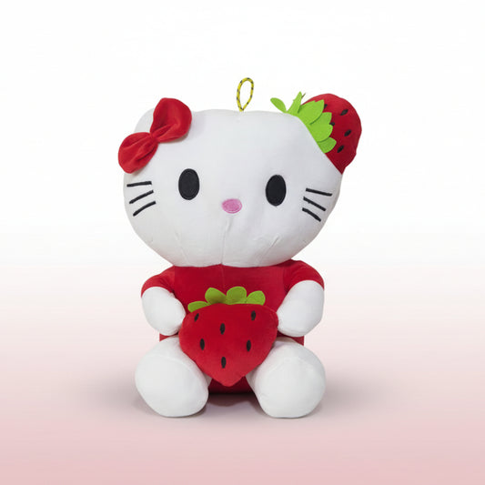 Plush toy resembling a character with a strawberry design on a plain background