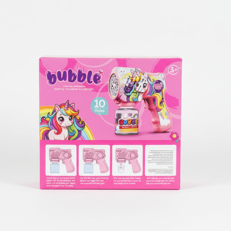 Box of a bubble gun with a unicorn design on a pink background