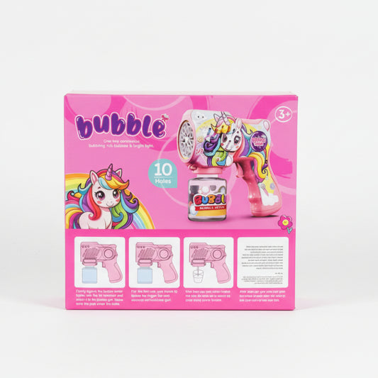 Box of a bubble gun with a unicorn design on a pink background