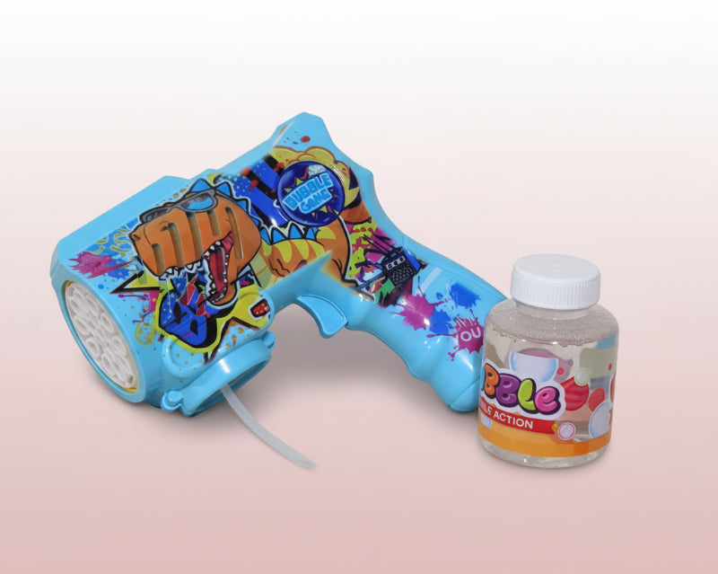 Colorful toy gun and bottle of bubble solution on a wooden surface with a white background