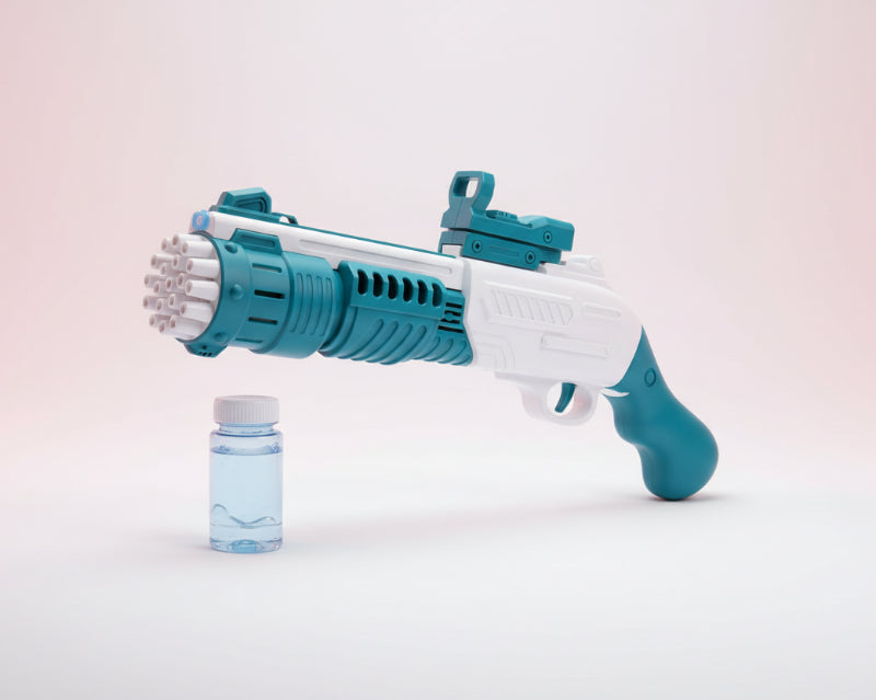 Box of an electric bubble rifle toy with bubble solution on a wooden surface.