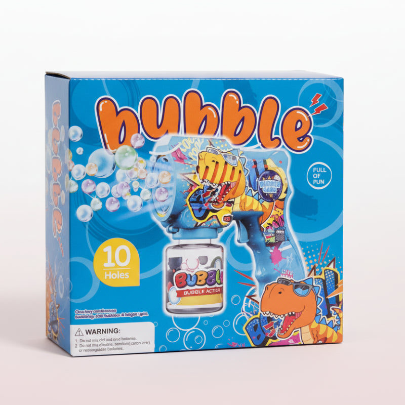 Bubble gun toy packaging with colorful design and dinosaur illustration on a wooden surface.