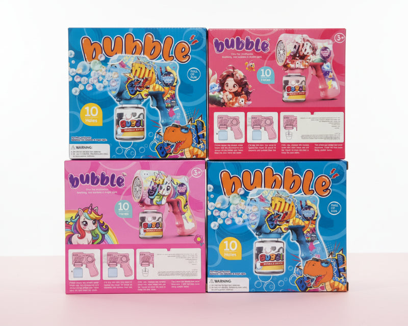 Four colorful boxes of bubble toy sets on a wooden surface with a plain background.