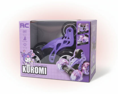 Purple toy car with remote control packaging featuring Kuromi character on a light pink background