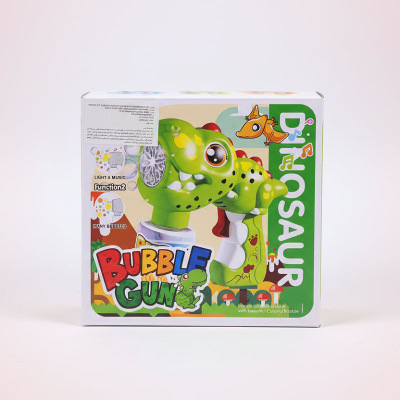 Box of a dinosaur-themed bubble gun toy with colorful design