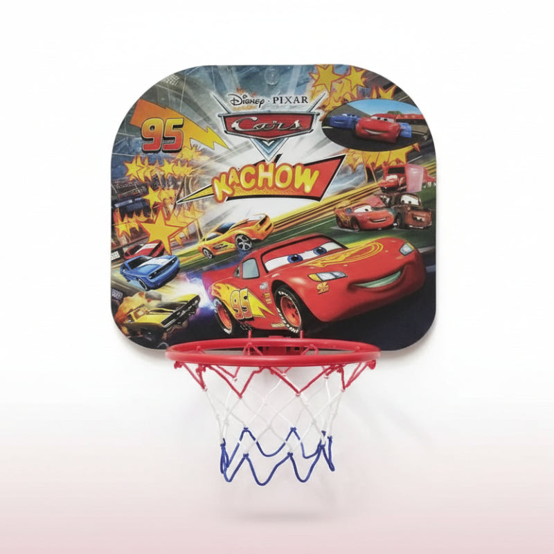 Children's basketball hoop with Disney Pixar Cars design on a plain background