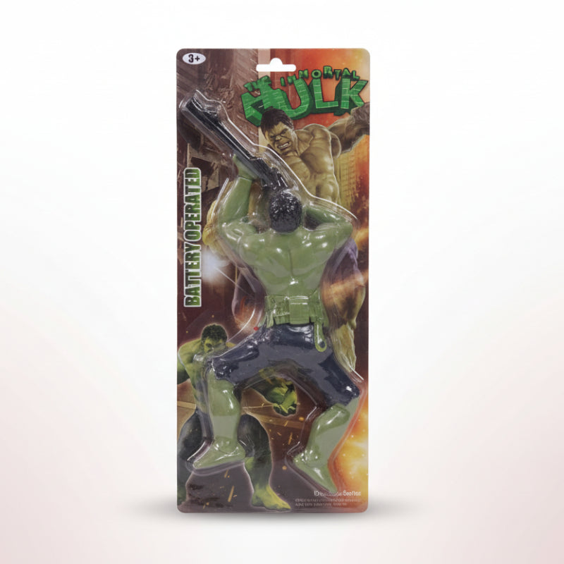 Action figure of the Hulk in packaging with 'Marvel' branding on a white background.