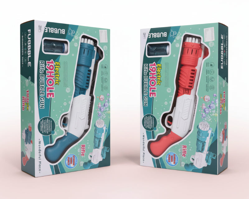 Two boxes of Electric 19 Hole Bubble Guns on a wooden surface with a white background.