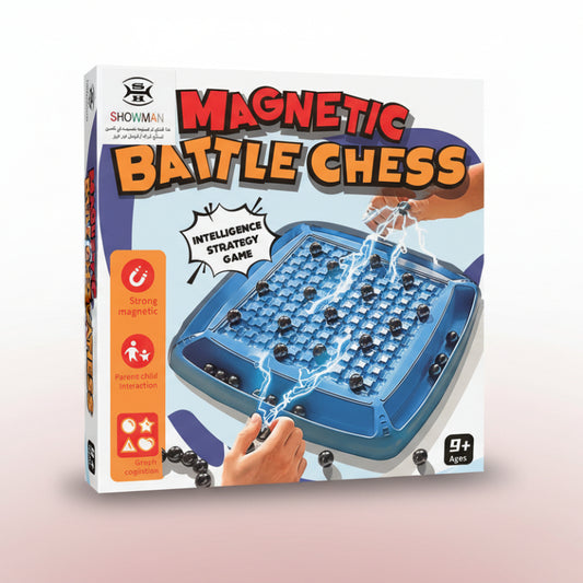Box of Showman Magnetic Battle Chess game on a wooden surface