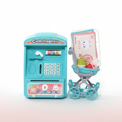 Toy cash register and stroller set with Barbie packaging in the background