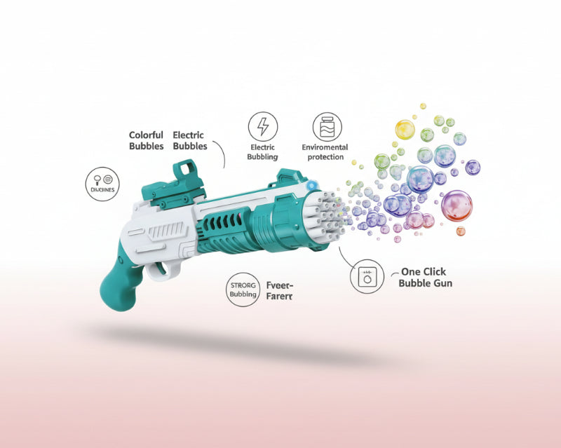 Box of an electric bubble gun with colorful graphics on a wooden surface.