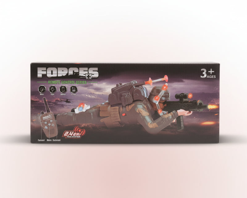 Box of a toy gun with remote control features on a wooden surface.