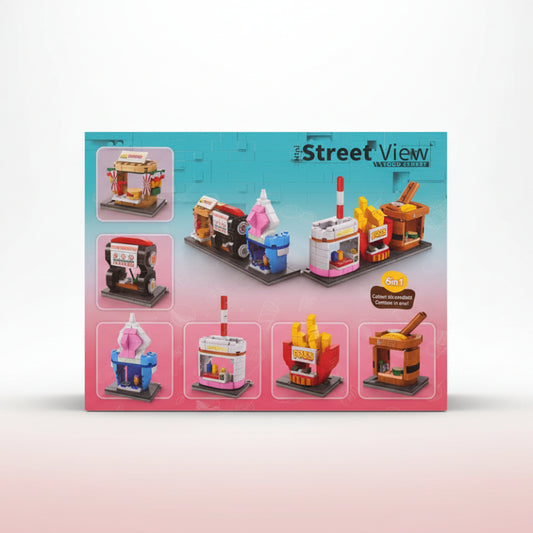 Toy building set packaging with model illustrations on a pink and blue background