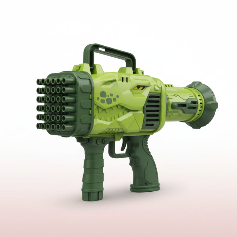 Box of a dinosaur-themed bubble gun with green and black design on a beige background