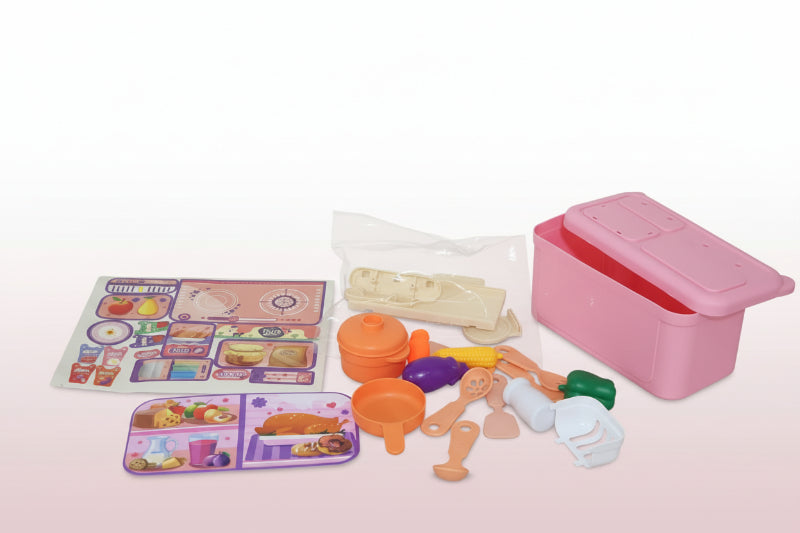 Collection of plastic toys and accessories on a wooden surface with a pink storage box.