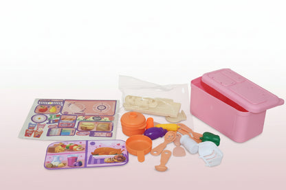 Collection of plastic toys and accessories on a wooden surface with a pink storage box.