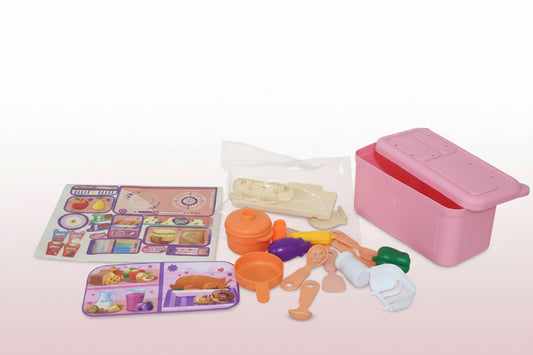 Collection of plastic toys and accessories on a wooden surface with a pink storage box.