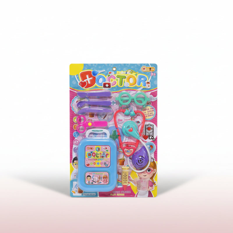 Toy doctor set packaging with various medical tools on a plain background