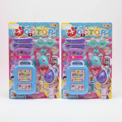 Two packages of children's toy doctor sets on a wooden surface.