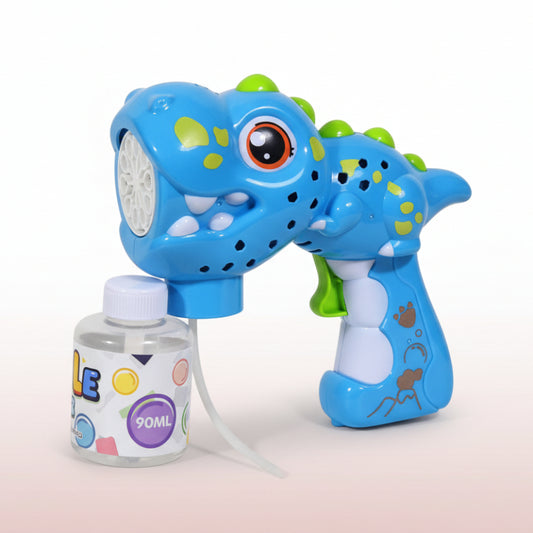 Blue dinosaur-shaped toy with a bottle on a wooden surface