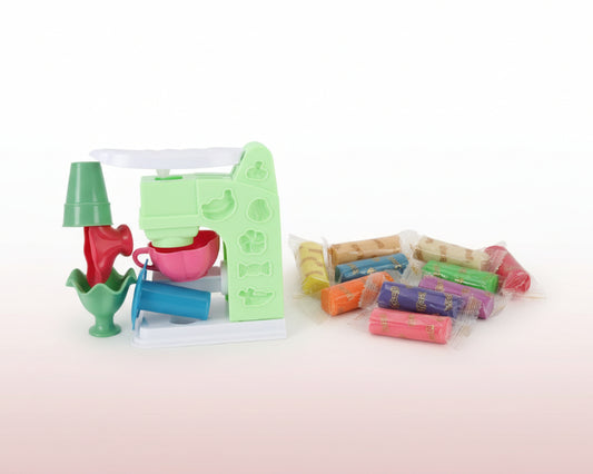 Colorful letter-shaped toys in clear plastic packaging on a wooden surface