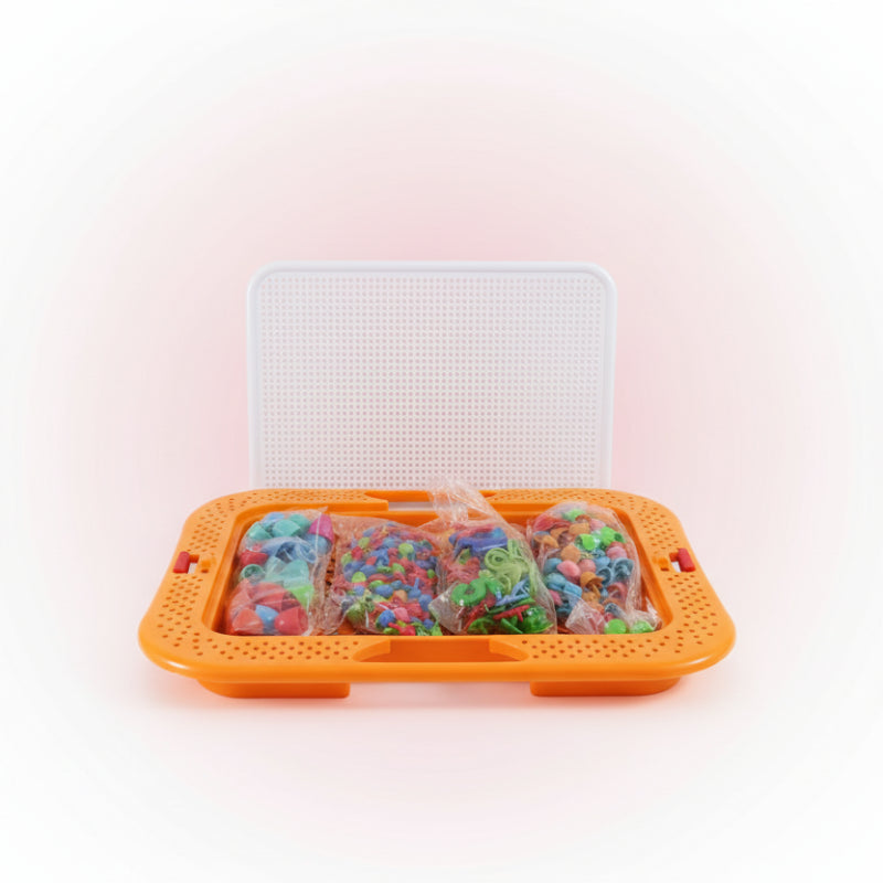 Orange plastic storage box with colorful beads and bags on a wooden surface.