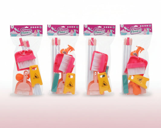 Set of children's cleaning toys with packaging labeled 'Clean Time' on a wooden surface.